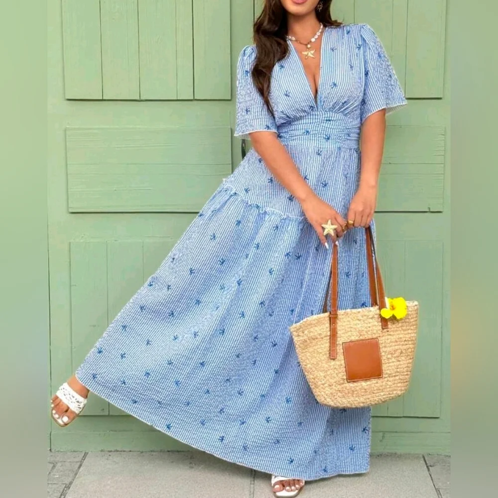 New Flirty Bow Embroidered Striped Ruched Waist Maxi Dress Blue White - Picture 3 of 9
